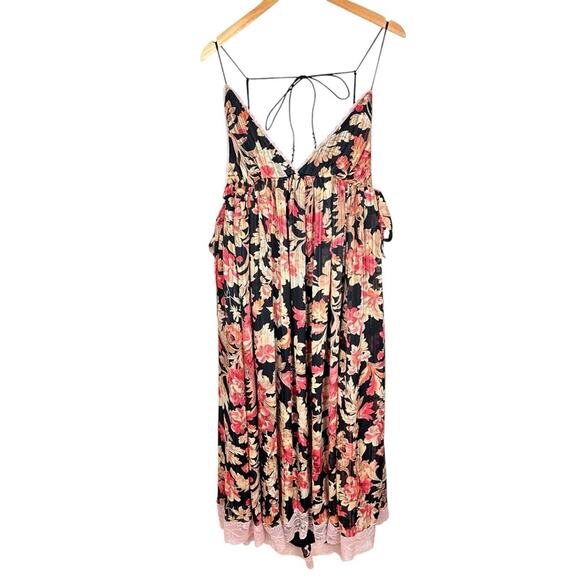 NEW Free People Primmy Midi Black Floral Chiffon Pink Lace Resort Boho Dress XL - Picture 11 of 16